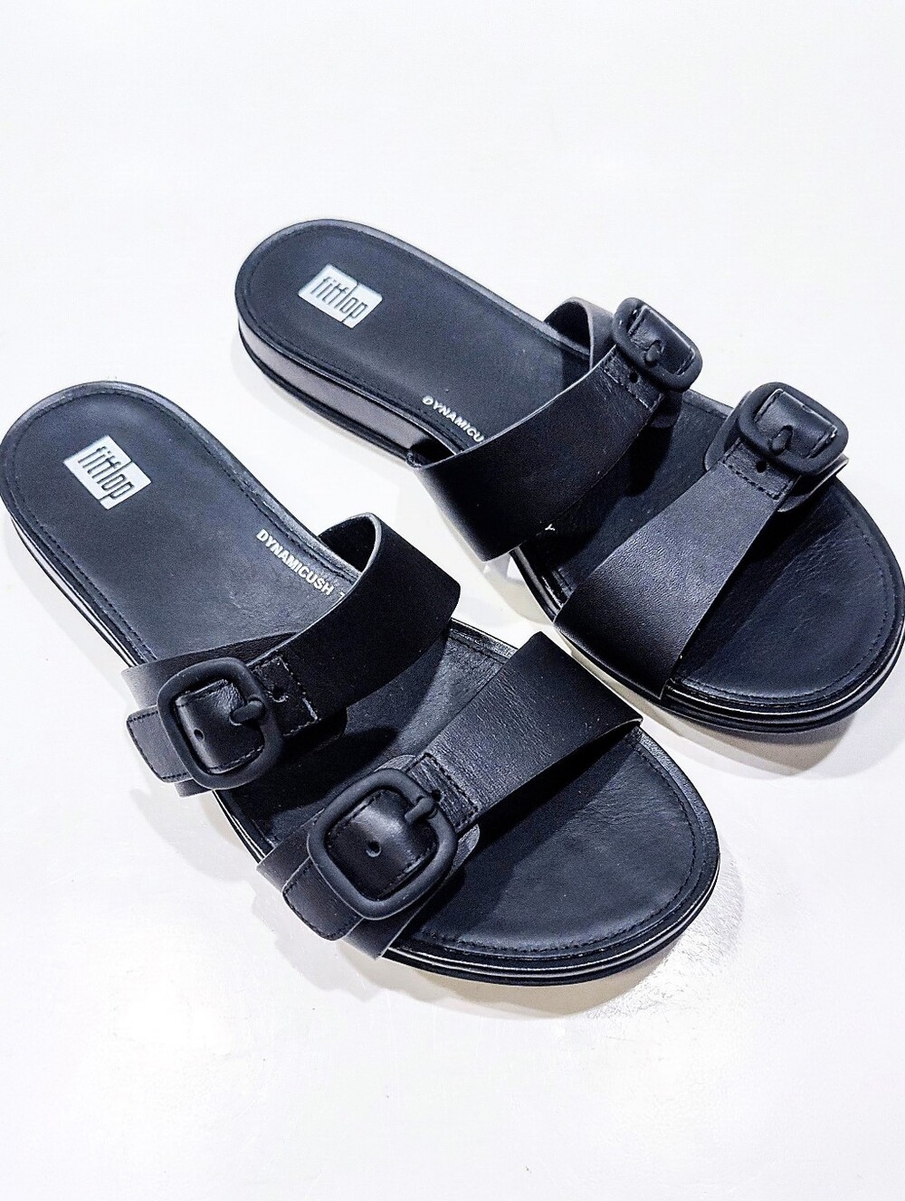 FitFlop Gracie Buckle Two-Bar Leather Slides Black Sandals Women Size US 7.5